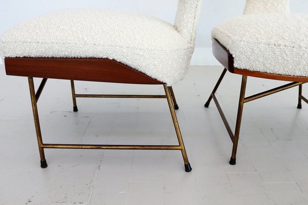 Mid-Century Italian Wood & Bouclé Slipper Chairs & Footstool, 1950, Set of 3-VNE-1187997