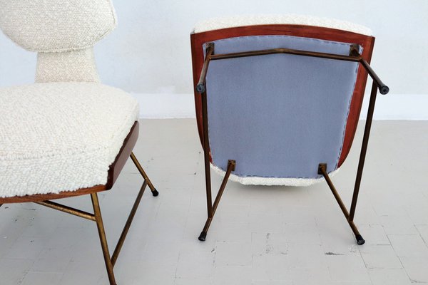 Mid-Century Italian Wood & Bouclé Slipper Chairs & Footstool, 1950, Set of 3-VNE-1187997