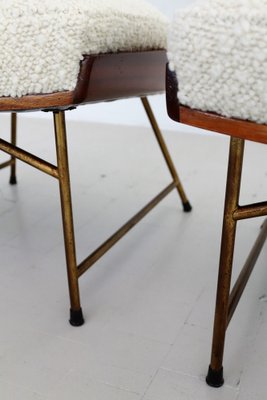 Mid-Century Italian Wood & Bouclé Slipper Chairs & Footstool, 1950, Set of 3-VNE-1187997