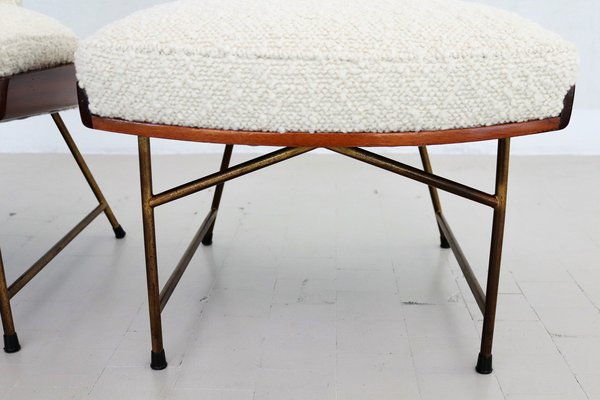 Mid-Century Italian Wood & Bouclé Slipper Chairs & Footstool, 1950, Set of 3-VNE-1187997