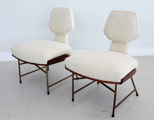 Mid-Century Italian Wood & Bouclé Slipper Chairs & Footstool, 1950, Set of 3-VNE-1187997