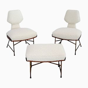 Mid-Century Italian Wood & Bouclé Slipper Chairs & Footstool, 1950, Set of 3-VNE-1187997