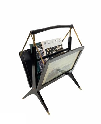 Mid-Century Italian Wood & Brass Foldable Magazine Rack by Cesare Lacca for Arredoluce, 1950s-JDR-1125587