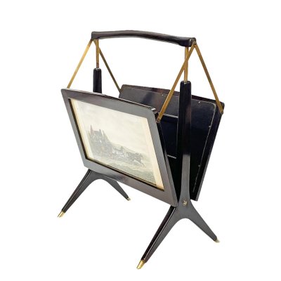 Mid-Century Italian Wood & Brass Foldable Magazine Rack by Cesare Lacca for Arredoluce, 1950s-JDR-1125587