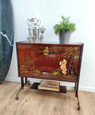 Mid-Century Italian Wood, Brass & Mirror Dry Bar Cabinet, 1950s-EUP-781875