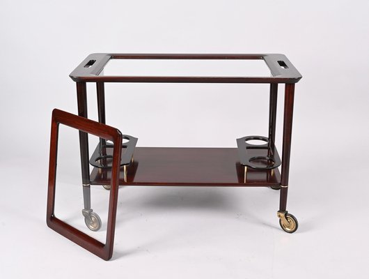 Mid-Century Italian Wooden Bar Cart with Glass Serving Trays Attributed to Cesare Lacca, 1950s-JDR-1318398