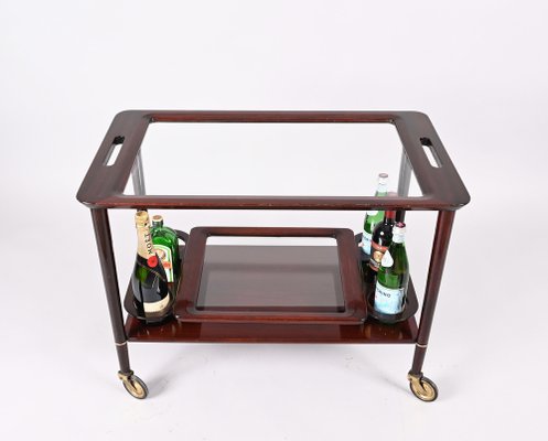 Mid-Century Italian Wooden Bar Cart with Glass Serving Trays Attributed to Cesare Lacca, 1950s-JDR-1318398