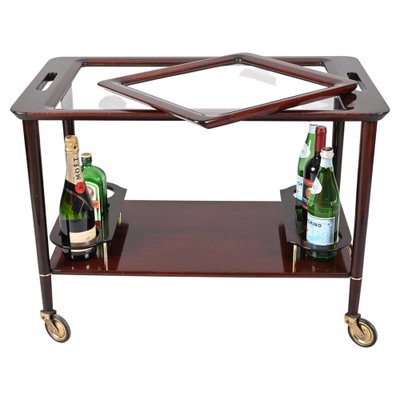 Mid-Century Italian Wooden Bar Cart with Glass Serving Trays Attributed to Cesare Lacca, 1950s-JDR-1318398