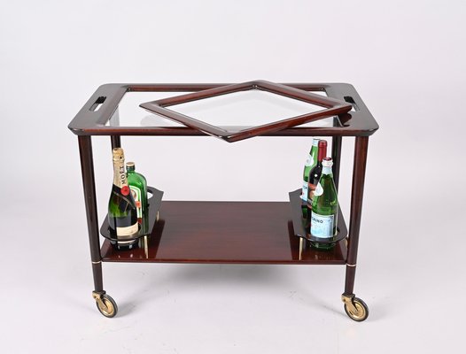 Mid-Century Italian Wooden Bar Cart with Glass Serving Trays Attributed to Cesare Lacca, 1950s-JDR-1318398