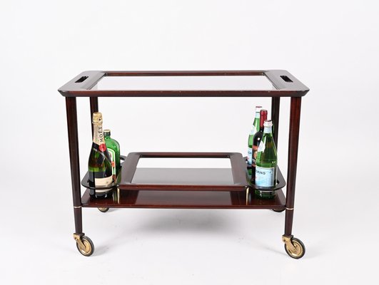 Mid-Century Italian Wooden Bar Cart with Glass Serving Trays Attributed to Cesare Lacca, 1950s-JDR-1318398