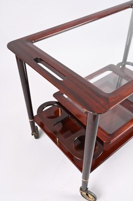 Mid-Century Italian Wooden Bar Cart with Glass Serving Trays Attributed to Cesare Lacca, 1950s-JDR-1318398