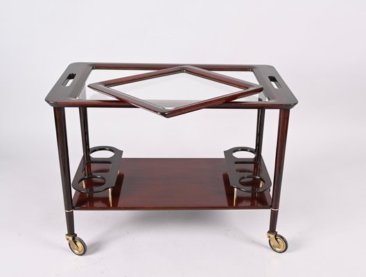 Mid-Century Italian Wooden Bar Cart with Glass Serving Trays Attributed to Cesare Lacca, 1950s-JDR-1318398