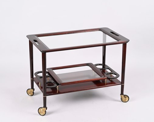 Mid-Century Italian Wooden Bar Cart with Glass Serving Trays Attributed to Cesare Lacca, 1950s-JDR-1318398