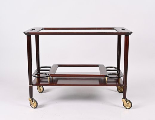 Mid-Century Italian Wooden Bar Cart with Glass Serving Trays Attributed to Cesare Lacca, 1950s-JDR-1318398