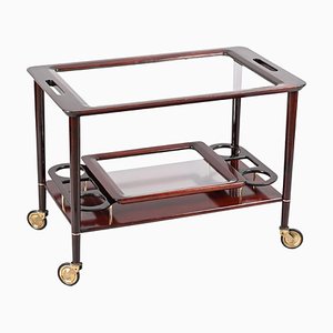 Mid-Century Italian Wooden Bar Cart with Glass Serving Trays Attributed to Cesare Lacca, 1950s-JDR-1318398