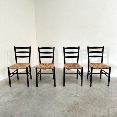 Mid-Century Ladder Back Dining Chairs with Wicker Seats, 1950s, Set of 4-NDL-1816405