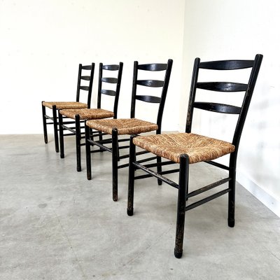 Mid-Century Ladder Back Dining Chairs with Wicker Seats, 1950s, Set of 4-NDL-1816405