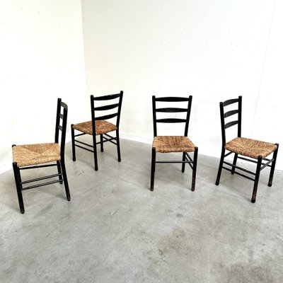 Mid-Century Ladder Back Dining Chairs with Wicker Seats, 1950s, Set of 4-NDL-1816405