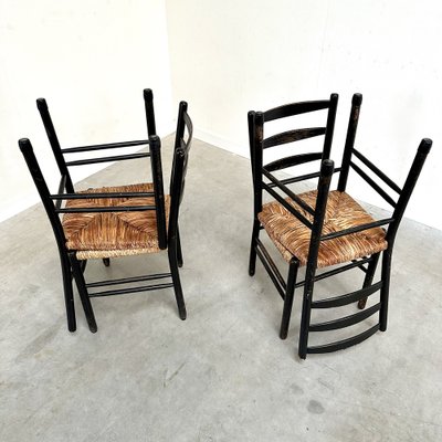 Mid-Century Ladder Back Dining Chairs with Wicker Seats, 1950s, Set of 4-NDL-1816405