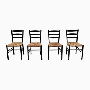 Mid-Century Ladder Back Dining Chairs with Wicker Seats, 1950s, Set of 4-NDL-1816405