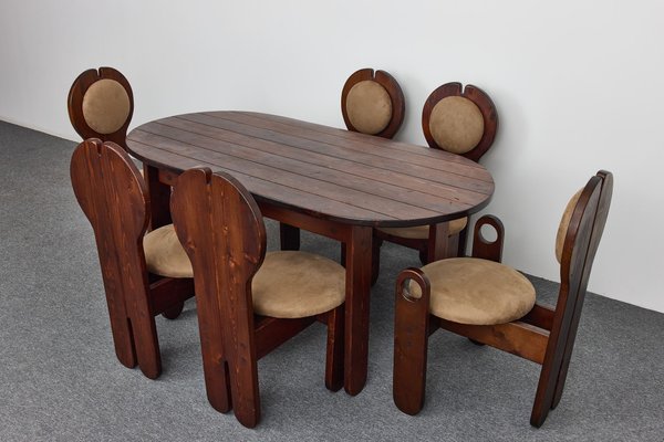 Mid-Century Larch Dining Chairs Set & Oval Table by Maria Szedleczky, Hungary, 1977, Set of 7-XCG-2010140