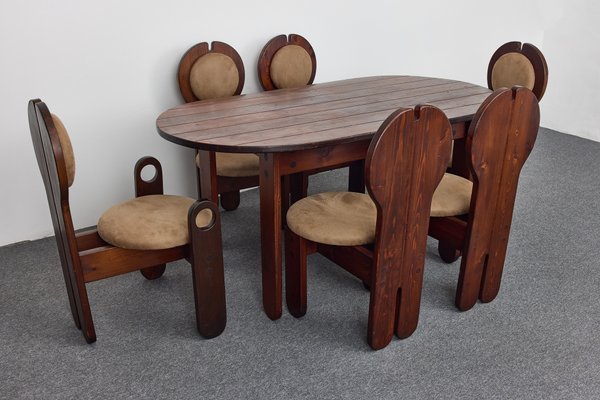 Mid-Century Larch Dining Chairs Set & Oval Table by Maria Szedleczky, Hungary, 1977, Set of 7-XCG-2010140