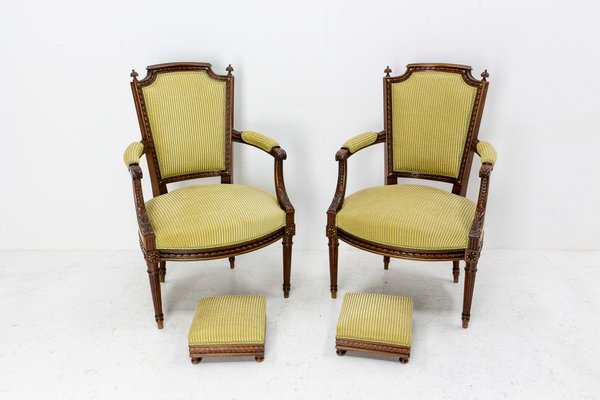 Mid-Century Louis XVI Revival Open Armchairs with Footstools, France, Set of 2-RIU-1309300