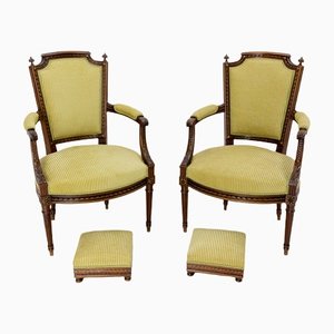 Mid-Century Louis XVI Revival Open Armchairs with Footstools, France, Set of 2-RIU-1309300