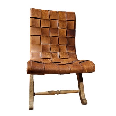 Mid-Century Lower Leather and Wood Chair by Pierre Lottier, 1960s-TCS-1811846