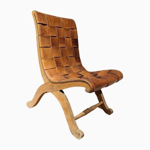 Mid-Century Lower Leather and Wood Chair by Pierre Lottier, 1960s-TCS-1811846