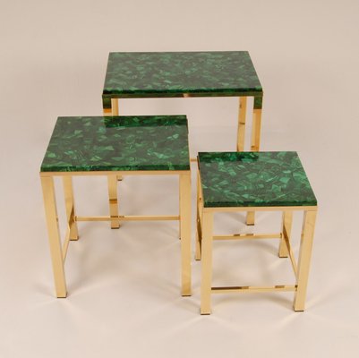 Mid-Century Malachite and Gold Gilt Brass Nesting Tables Coffee Table, 1970s, Set of 3-GOE-1451570