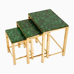 Mid-Century Malachite and Gold Gilt Brass Nesting Tables Coffee Table, 1970s, Set of 3-GOE-1451570