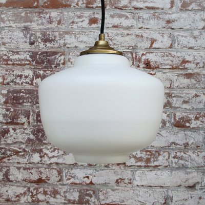 Mid-Century Matte White Opaline Glass Pendant Lamp with Brass Top-BLS-906732