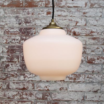 Mid-Century Matte White Opaline Glass Pendant Lamp with Brass Top-BLS-906732