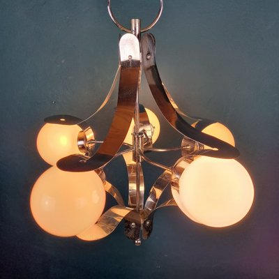 Mid-Century Metal Opaline Glass Pendant Light, Italy, 1960s-WQC-1175365