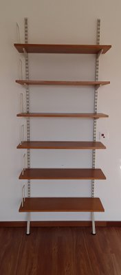 Mid-Century Minimalist Bookcase with Adjustable Shelves in Yellow-Brown Wood and Book Supports for White Painted Iron Frame from Sparrings-HOI-1792914