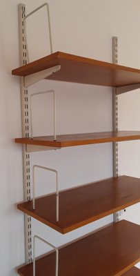 Mid-Century Minimalist Bookcase with Adjustable Shelves in Yellow-Brown Wood and Book Supports for White Painted Iron Frame from Sparrings-HOI-1792914