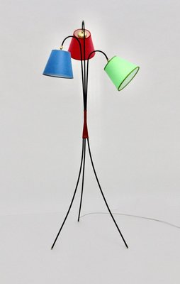 Mid-Century Modern 3-Legged Black Metal Floor Lamp with Multicolored Lampshades, 1950s-NB-852954