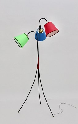 Mid-Century Modern 3-Legged Black Metal Floor Lamp with Multicolored Lampshades, 1950s-NB-852954