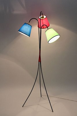 Mid-Century Modern 3-Legged Black Metal Floor Lamp with Multicolored Lampshades, 1950s-NB-852954