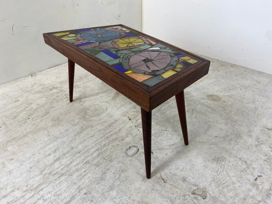 Mid-Century Modern Asymmetrical Glass Mosaic and Teak Side Table, 1950s-DE-1078624