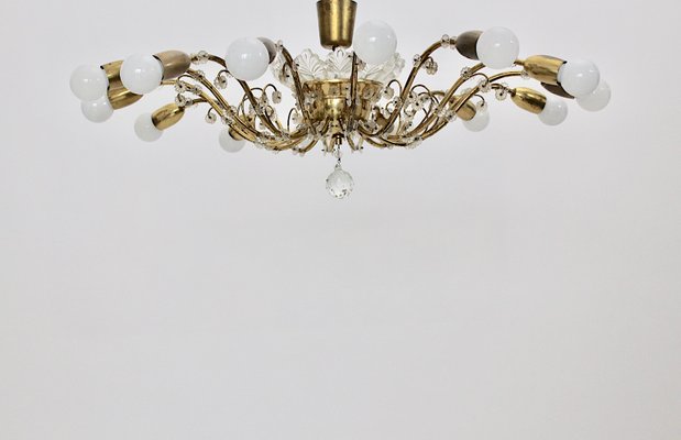 Mid-Century Modern Austrian Brass and Crystals 14 Arms Chandelier from J & L Lobmeyr, 1950s-NB-1140155