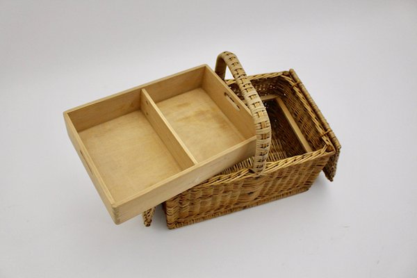 Mid-Century Modern Austrian Rattan Picnic Lidded Basket, 1950s-NB-1140153