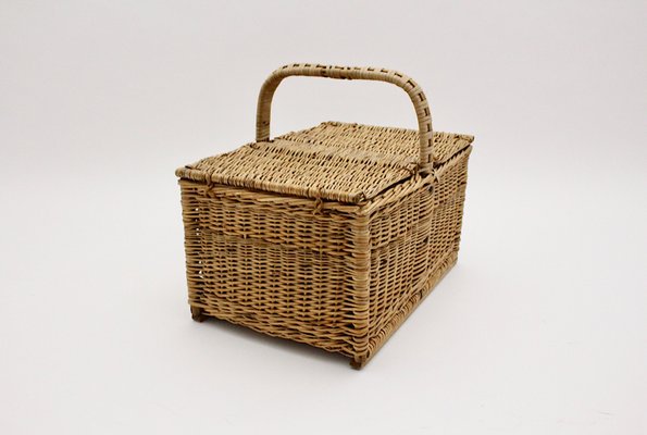 Mid-Century Modern Austrian Rattan Picnic Lidded Basket, 1950s-NB-1140153