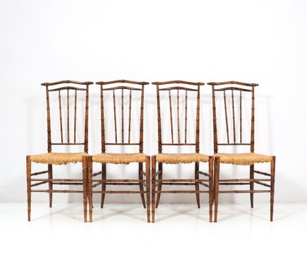 Mid-Century Modern Beech and Faux Bamboo High Back Dining Room Chairs, 1970s, Set of 4-MY-1451597