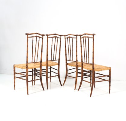 Mid-Century Modern Beech and Faux Bamboo High Back Dining Room Chairs, 1970s, Set of 4-MY-1451597