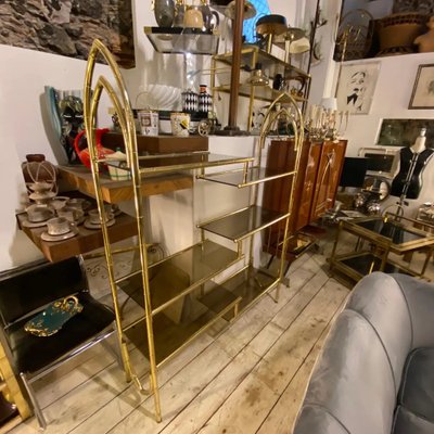 Mid-Century Modern Brass and Smoked Glass Italian Bookcase, 1970s-NMK-1311078