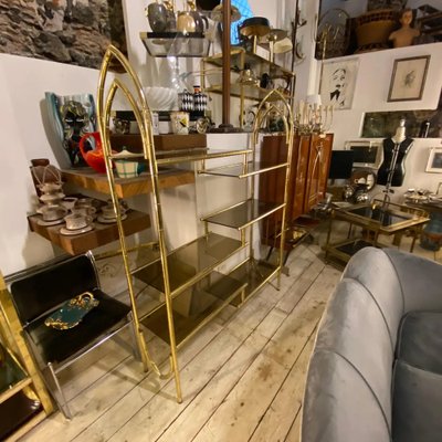 Mid-Century Modern Brass and Smoked Glass Italian Bookcase, 1970s-NMK-1311078