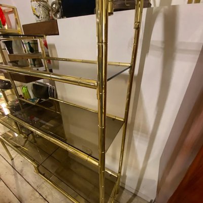 Mid-Century Modern Brass and Smoked Glass Italian Bookcase, 1970s-NMK-1311078