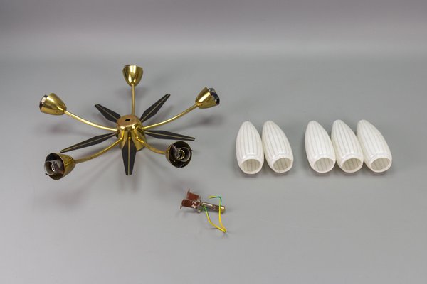 Mid-Century Modern Brass and White Glass Five-Light Sputnik Flush Mount, Italy, 1950s-KEG-1750888